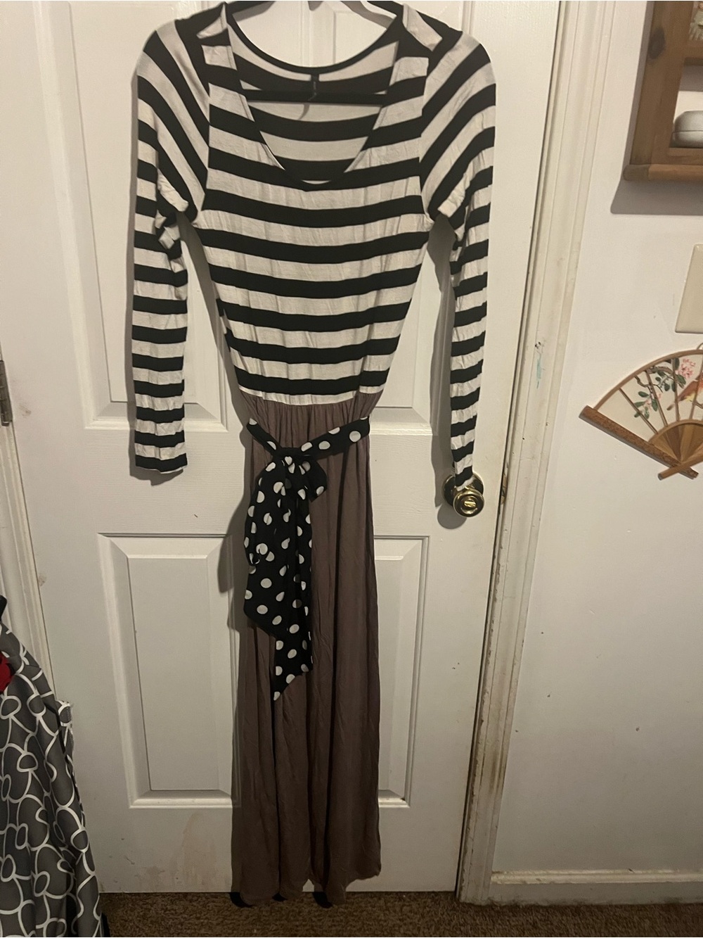 Striped Black and White Long Sleeve Maxi Dress with Brown Skirt